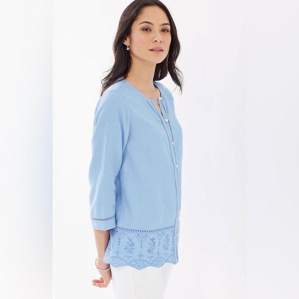J. Jill Love Linen Sky Blue Linen Eyelet Top